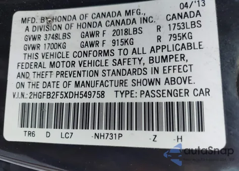 2013 Honda Civic Lx из США, поврежденный, VIN 2HGFB2F5XDH549758